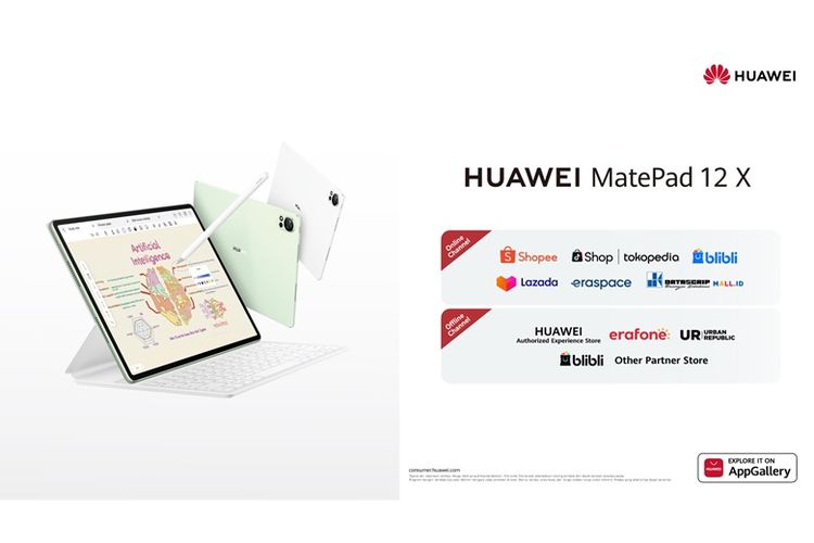 HUAWEI MatePad 12 X tersedia di Shopee, Tokopedia, TikTok Shop, Blibli, Lazada, eraspace.com, dan DatascripMall.ID pada HUAWEI Official Store. 