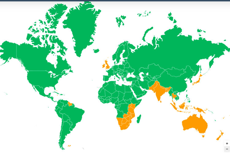 Peta negara di dunia dengan setir kanan (oranye) dan setir kiri (hijau)