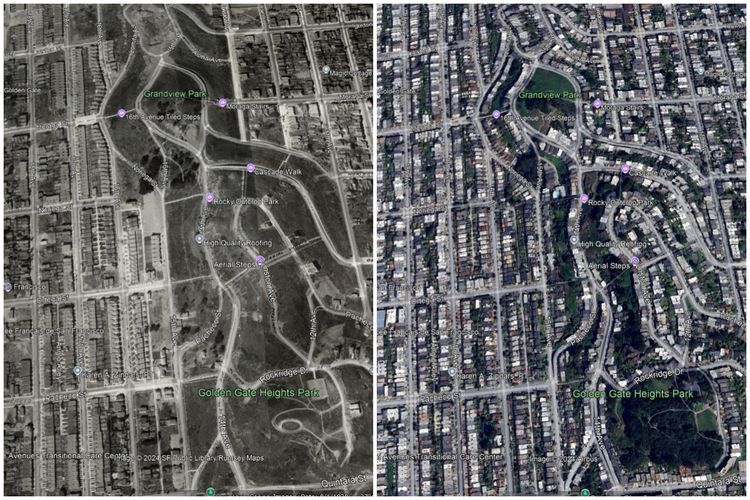 Ilustrasi satu area di San Francisco, California, AS pada tahun 1938 (kiri) dan 2024 (kanan).