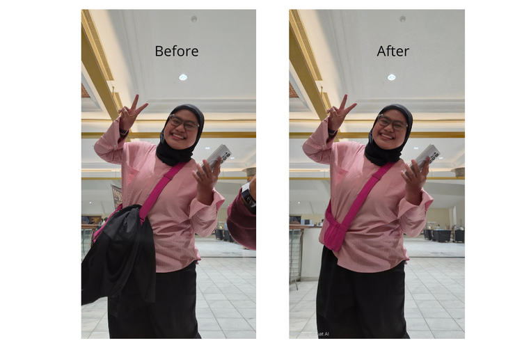 Fitur Generative Edit di HP Samsung Galaxy Z Flip 7 bisa menghapus objek jaket hitam yang menggantung di tas dan tangan yang ikut masuk ke dalam frame.  