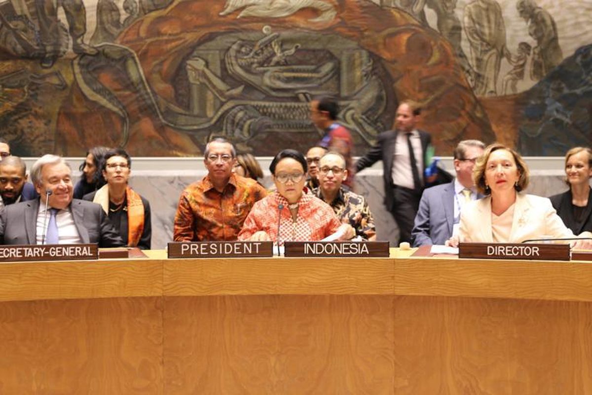 Menteri Luar Negeri RI, Retno L.P. Marsudi saat memimpin Sidang Terbuka Dewan Keamanan PBB mengenai Perlindungan Warga Sipil dalam Konflik Bersenjata (Protection of Civilians in Armed Conflict) di Markas Besar PBB, New York, AS, Kamis (23/05/2019)