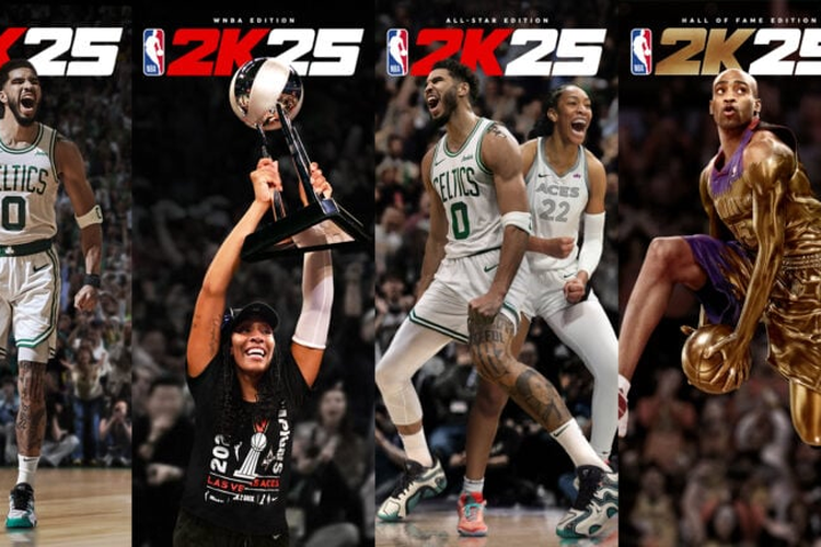 Poster NBA 2K25 Standard Edition (kiri), WNBA Edition (kedua dari kiri), All-Star Edition (ketiga dari kiri), dan Hall of Fame Edition (kanan).