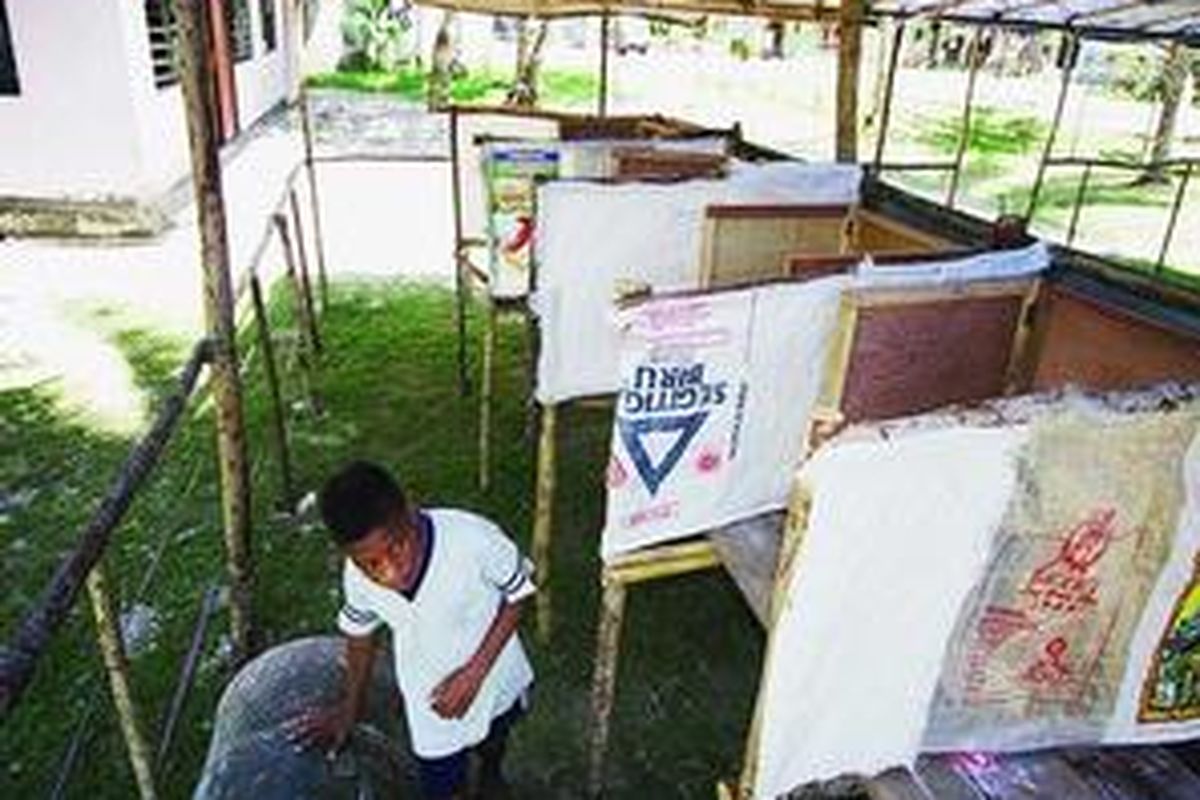 Tempat Pemungutan Suara (TPS) 02 yang menggunakan halaman rumah seorang warga di Manokwari Timur, Kabupaten Manokwari, Rabu (8/4), merupakan satu dari 2.071 TPS di Provinsi Papua Barat yang menggunakan bilik suara dari tripleks. Bilik suara itu ditutup dengan karung gandum/beras. Dana pembuatan bilik suara Rp 230.000 per buah. Karena terbuat dari tripleks, bilik suara mudah rusak sehingga tak dijamin dapat digunakan dalam pemilu presiden mendatang.