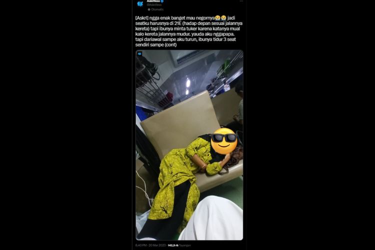 Salah satu pengguna Twitter mengeluhkan ulah penumpamng lain yang meminta dirinya untuk tukar kursi, namun tidak menjaga sikapnya selama perjalanan.