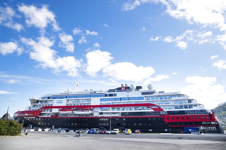 A view of the Hurtigruten's vessel MS Roald Amundsen, docked in Tromso, Norway, Sunday, Aug. 2, 2020. Over 30 crew members and an unconfirmed number of passengers have so far tested positive for the coronavirus after two international cruises which resumed operation recently, since the outbreak of the coronavirus pandemic. (Terje Pedersen/NTB scanpix via AP)