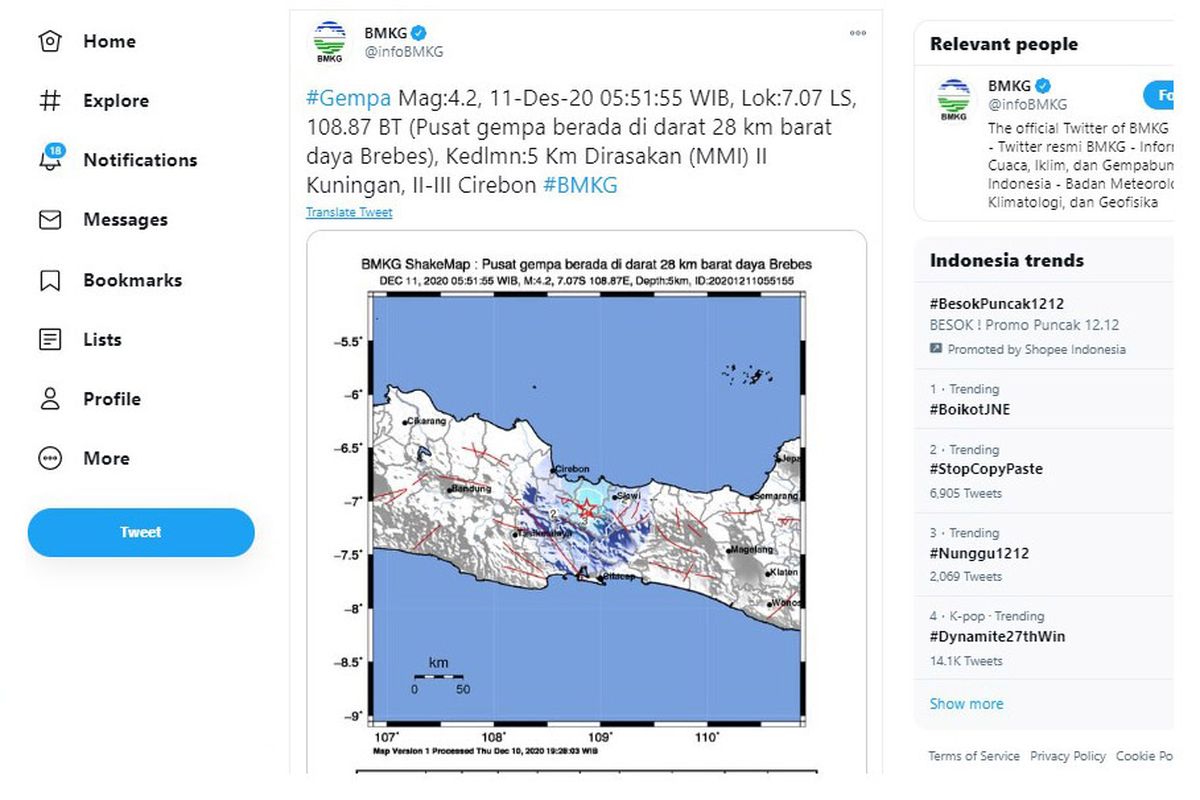 Tangkapan layar Gempa Kuningan di Twitter BMKG. Gempa bumi M4,2 mengguncang Kuningan, Cirebon, Brebes pada Jumat (11/12/2020). Sejumlah bangunan mengalami kerusakan akibat gempa tektonik ini.