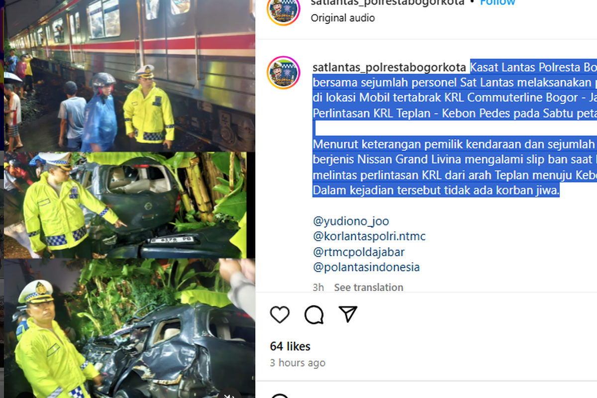 Kecelakaan mobil tertabrak kereta KRL Commuterline Bogor - Jakarta di Pintu Perlintasan KRL Teplan - Kebon Pedes 