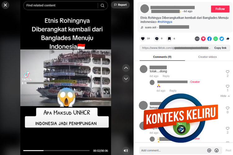 Tangkapan layar konten dengan konteks keliru di sebuah akun TikTok, Kamis (14/12/2023), berisi video pemberangkatan kapal pengungsi Rohingya dari Bangladesh menuju Indonesia.
