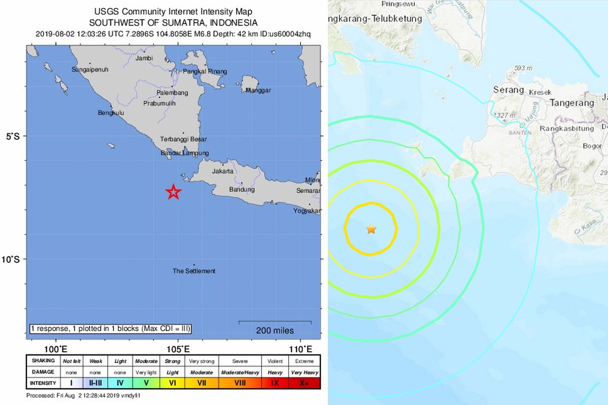 Peta lokasi gempa di perairan Banten, Jumat (2/82019) malam.