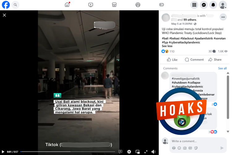 Tangkapan layar konten hoaks di sebuah akun Facebook, Senin (5/5/2025), yang mengaitkan mati listrik di Bali dengan uji coba pandemi oleh WHO.