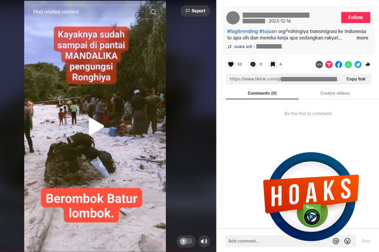 Tangkapan layar konten hoaks di sebuah akun TikTok, 16 Desember 2023, yang mengeklaim pengungsi Rohingya tiba di Pantai Mandalika.
