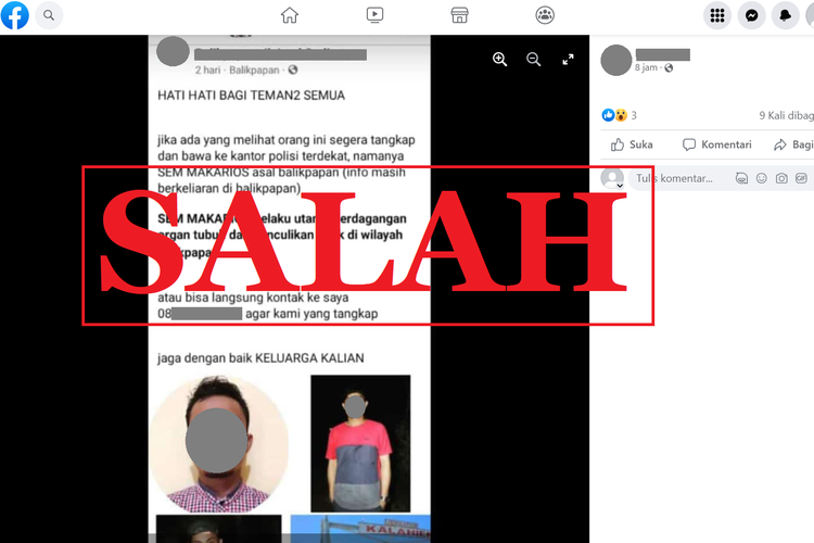 Tangkapan layar unggahan dengan narasi salah di sebuah akun Facebook, Kamis (26/1/2023), soal foto pelaku perdagangan organ dan penculikan anak di Balikpapan.