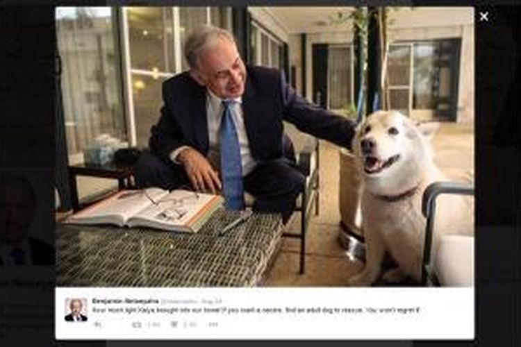 Perdana Menteri Israel, Benjamin Netanyahu, dan anjing adopsinya, Kaiya, seperti diunggah di akun Twitter resmi Netanyahu, 24 Agustus silam