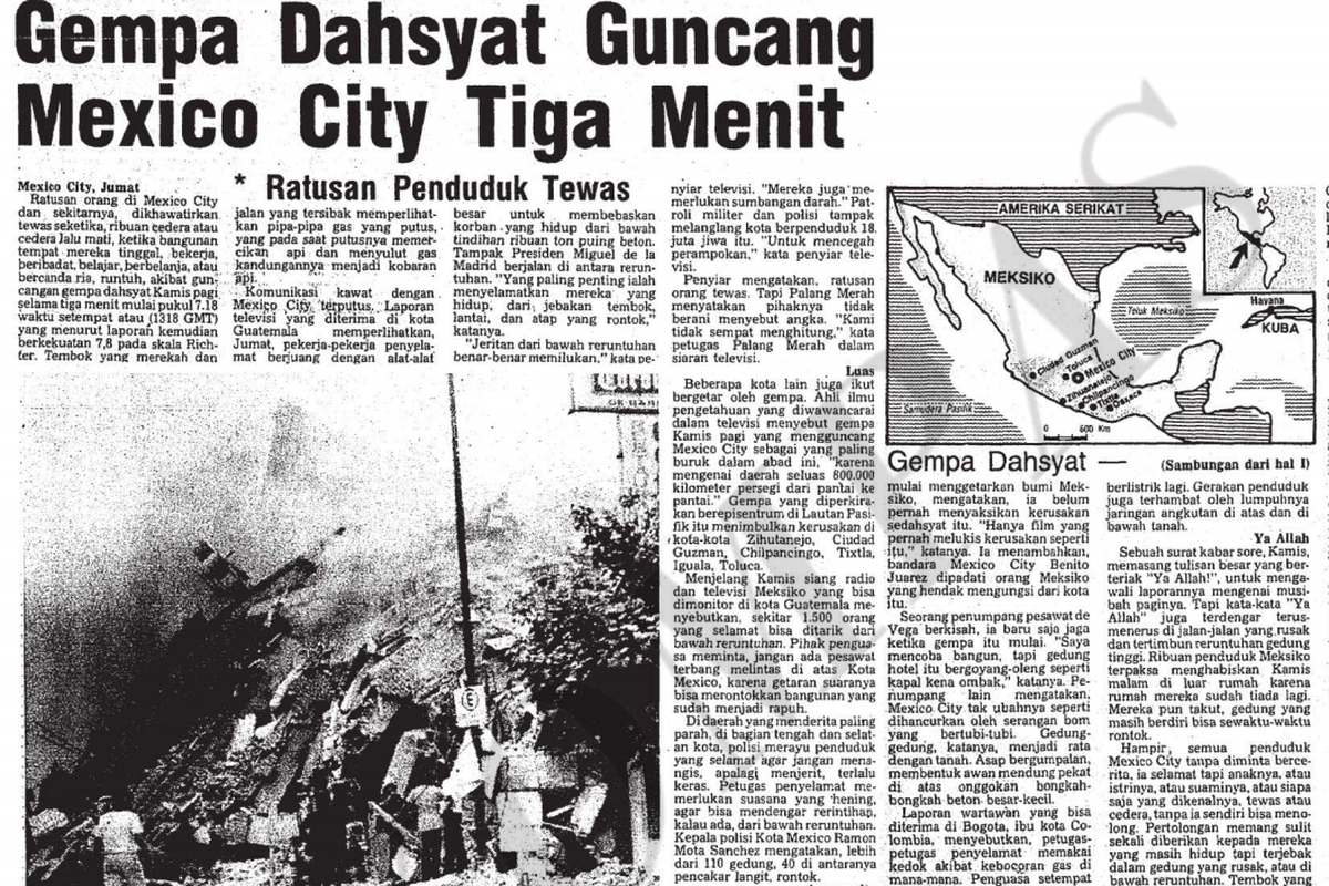 Tangkapan layar arsip berita Harian ι tentang gempa Meksiko 19 September 1985