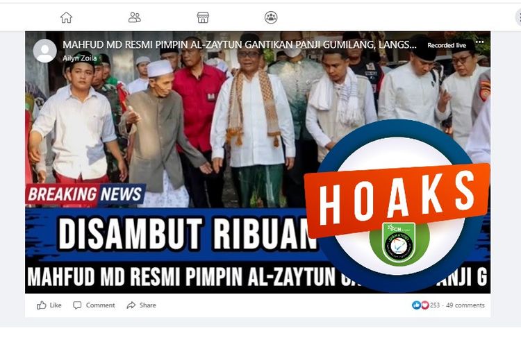 Tangkapan layar Facebook narasi yang menyebut Mahfud MD resmi menggantikan Panji Gumilang sebagi pimpinan Ponpes Al Zaytun