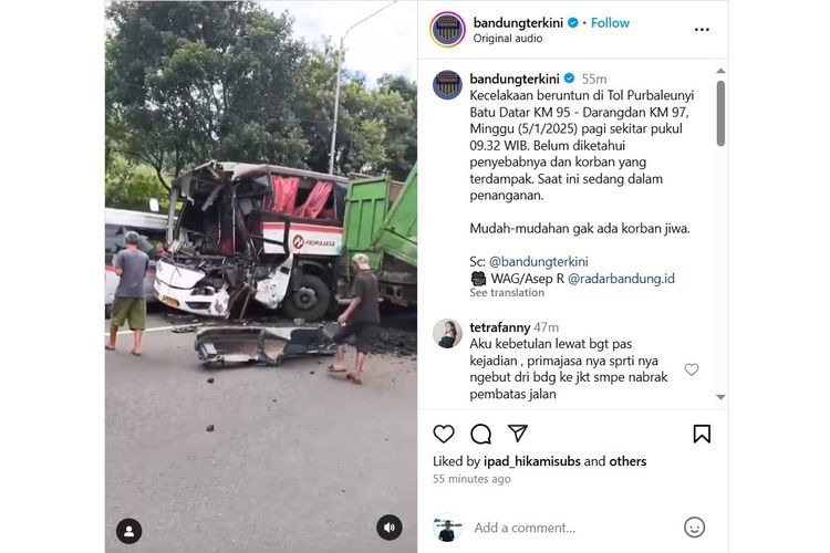 Sebuah kecelakaan kembali terjadi di Tol Cipularang. Kali ini bus Primajasa, truk, dan beberapa kendaraan lainnya terlibat kecelakaan beruntun pada Minggu, 5 Januari 2025.