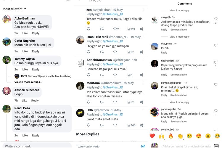 Para penggemar OnePlus di Indonesia yang mengunggah komentar di postingan OnePlus Indonesia di media sosial.