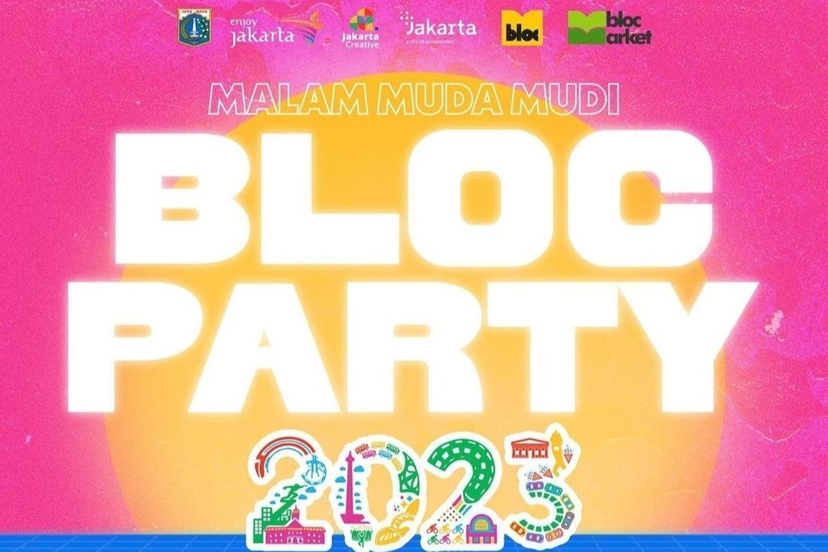 Poster perayaan malam tahun baru 2023 yang bakal diselenggarakan di M Bloc Space, Jakarta Selatan, dengan tajuk Malam Muda-mudi Bloc Party 2023.