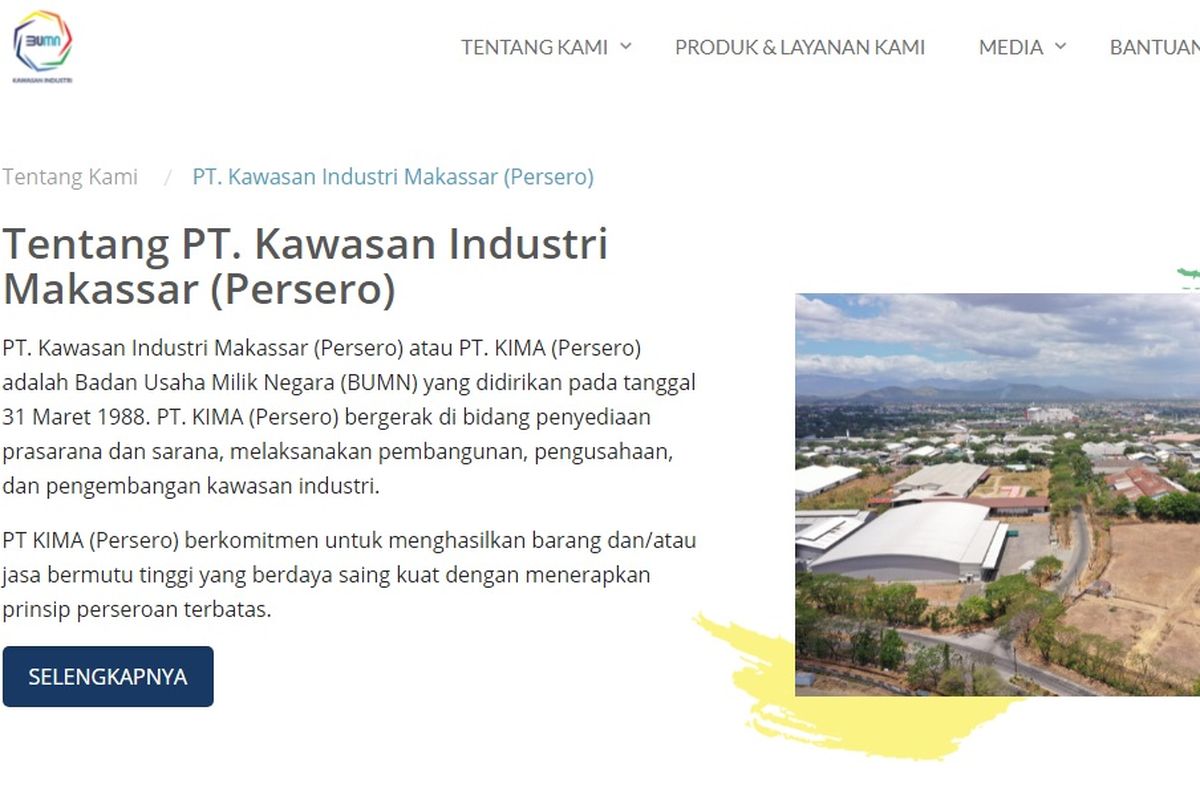 Tampilan layar website PT Kawasan Industri Makassar (Persero).