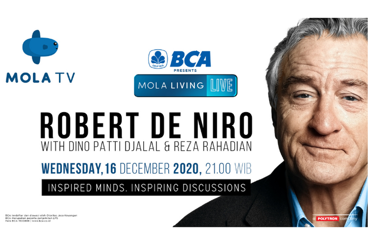 Robert De Niro akan berbagi kisah inspiratif di Mola Living Live, Rabu (16/12/2020), pukul 21.00 WIB. 