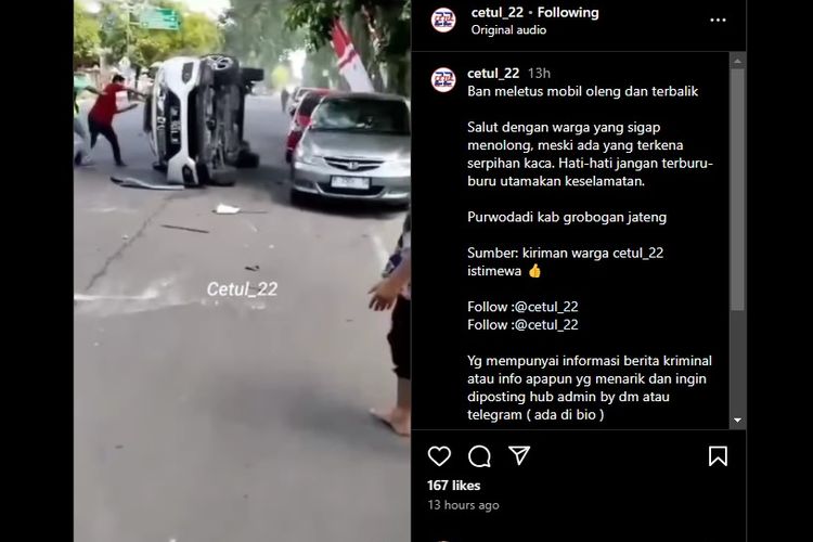 Video viral, mobil terbalik di tengah jalan diduga karena mengalami pecah ban