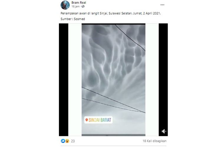 Tangkapan layar unggahan soal awan berbentuk gumpalan, namanya awan mammatus.