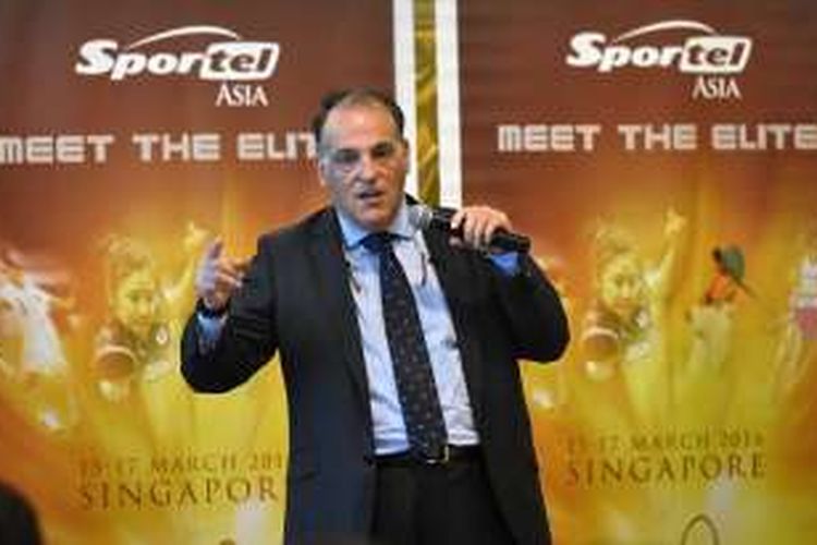 Presiden La Liga, Javier Tebas, menghadiri sebuah konferensi pers di Singapura, pada 16 Maret 2016.