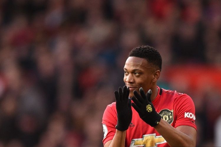 Anthony Martial saat merayakan gol pada laga Manchester United vs Manchester City dalam lanjutan pekan ke-29 Liga Inggris di Stadion Old Trafford, Minggu 8 Maret 2020.