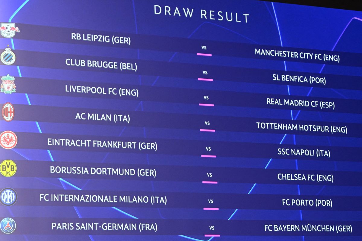 Gambar ini menunjukkan hasil drawing Liga Champions 2022-2023, yakni untuk 16 besar Liga Champions, di Nyon pada 7 Oktober 2022. 