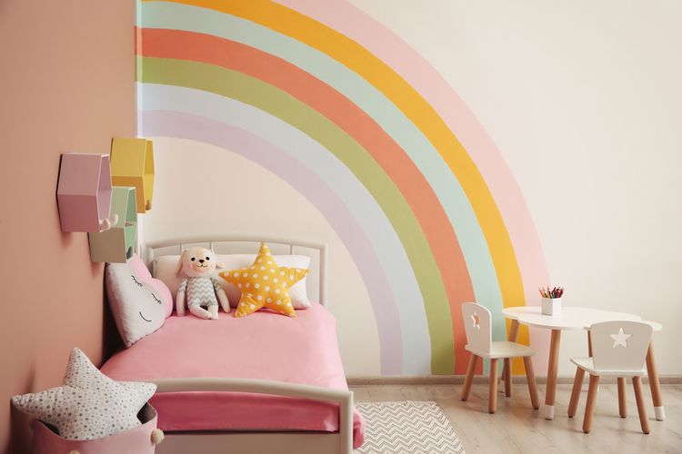 Ilustrasi kamar tidur anak, dekorasi dinding kamar tidur anak.