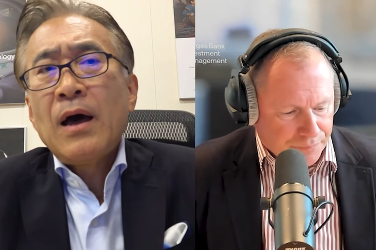 CEO Sony Group Yoshida Kenichiro (kiri) dalam wawancara bersama CEO Norges Bank Investment Management Nicolai Tangen (kanan)