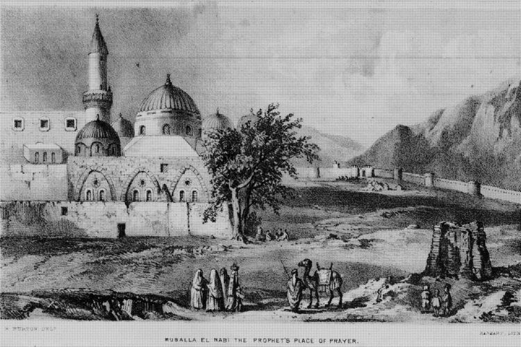 Ilustrasi bangunan Kubah Hijau pada abad ke-19 yang dibangun di atas makam Nabi Muhammad yang terletak di dekat Masjid Nabawi di Madinah.