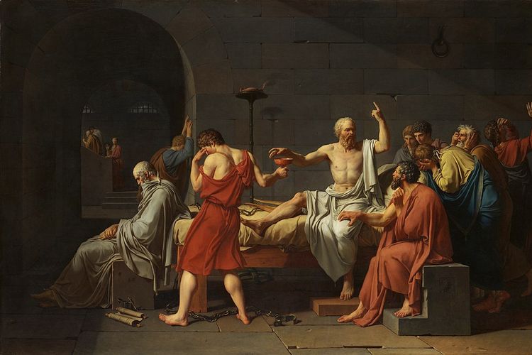 Ilustrasi pelaksanaan hukuman mati terhadap filsuf Yunani terkenal, Socrates, pada abad ke-4 SM.

