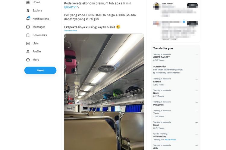 Tangkapan layar twit dari penumpang KAI yang mengeluhkan soal kursi pada kereta api dengan tiket ekonomi premium.