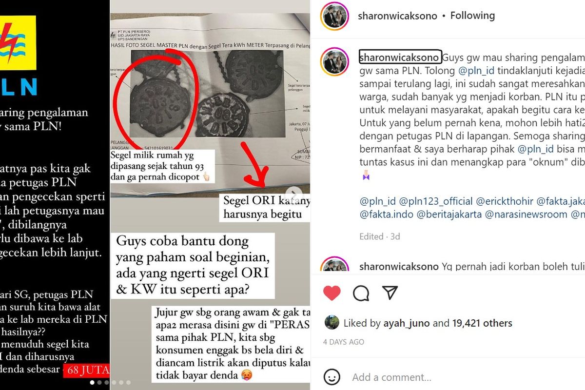 Tangkapan layar unggahan tagihan denda PLN sebesar Rp 68 juta diduga karena segel tidak asli.(Instagram: @sharonwicaksono)