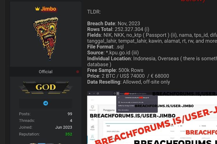 Tangkapan layar peretas Jimbo diduga mencuri data KPU dan menjualnya di BreachForums.