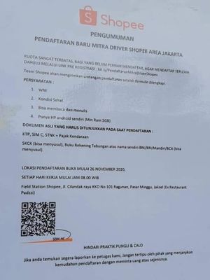 Pengumuman perekrutan mitra Shopee Food yang beredar di internet.