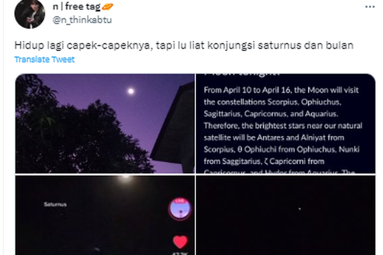 Tangkapan layar twit soal konjungsi Bulan dan Saturnus
