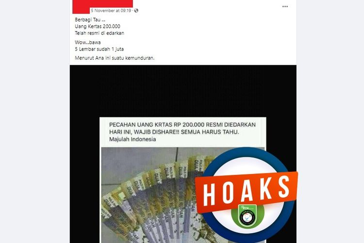 Tangkapan layar Facebook narasi yang menyebut bahwa telah beredar uang pecahan Rp 200.000