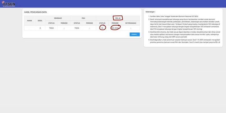 Tangkapan layar hasil pencarian penerima BPJS Kesehatan gratis atau PBI-JK di laman resmi cekbansos.kemensos.go.id. Cek penerima BPJS PBI. Cara cek penerima PBI JK BPJS Kesehatan.