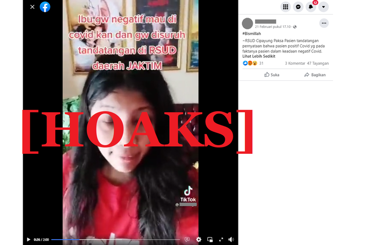 Tangkapan layar unggahan hoaks di sebuah akun Facebook, yang mengeklaim bahwa RSUD Cipayung 'meng-covidkan' pasien.
