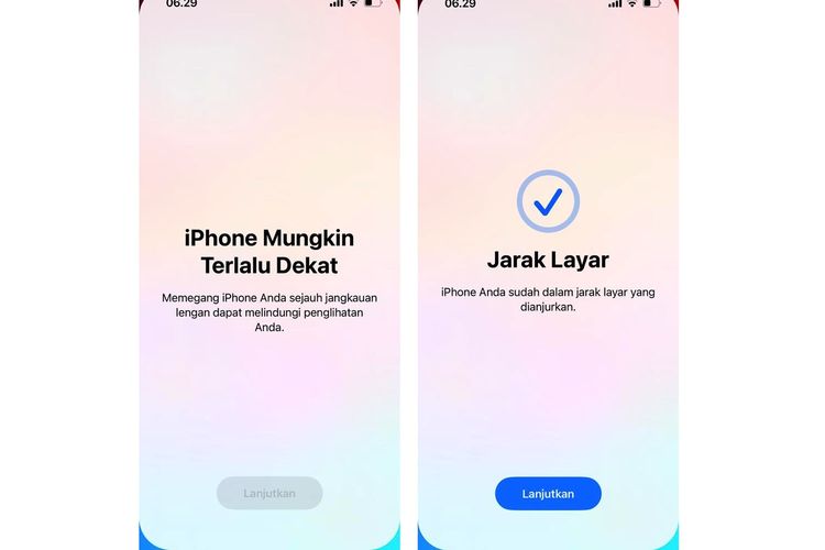 Tampilan cara kerja Screen Distance. Screen Distance bakal menutup layar iPhone dan memberi peringatan pada pengguna jika jarak pandangnya ke layar terlalu dekat. 