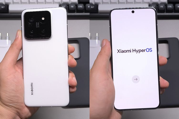 Bagian belakang dan depan dari Xiaomi 14 varian warna putih. 