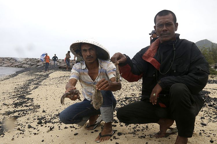 Tongkang pengankut batubara dari Palembang terseret gelombang ke pantai wisata Ujong Kareung, Lampuuk, Kabupaten Aceh Besar, Senin (30/07/18).  kondisi pantai wisata Ujong Kareng telah berubah hitam dengan tumpahan batubara, bahkan nelayan mengklaim banyak ikan yang mati akibat tumpahnya batubara kedalam laut.