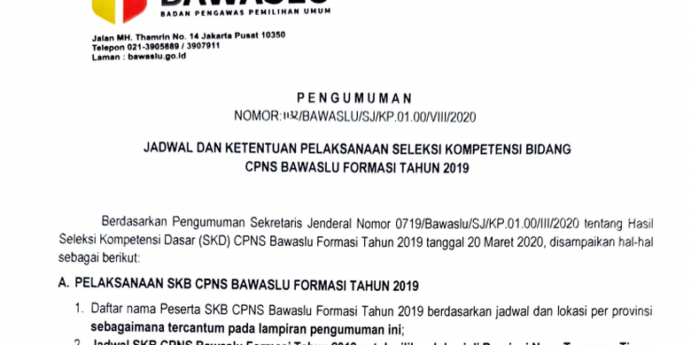 Jadwal Lengkap Dan Lokasi Tes Skb Cpns 2019 Bawaslu Halaman All Kompas Com