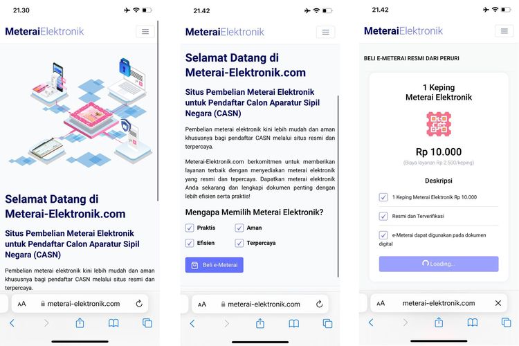 Tampilan website meterai-elektronik.com yang bisa diakses kembali untuk membeli e-meterai, pada Rabu malam (4/9/2024), sekitar pukul  21.42 WIB.