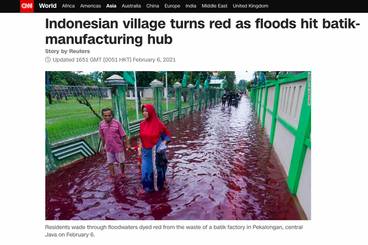 Tangkapan layar pemberitan media CNN soal banjir warna merah di Pekalongan Jawa Tengah