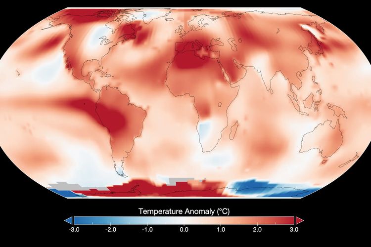 Peta yang menunjukkan anomali suhu global untuk Juli 2023 menurut analisis GISTEMP oleh para ilmuwan di Goddard Institute for Space Studies dari National Aeronautics and Space Administration (NASA). NASA menyebutkan bahwa Juli 2023 merupakan bulan terpanas sepanjang sejarah sejak pencatatan suhu dilakukan pada 1880.