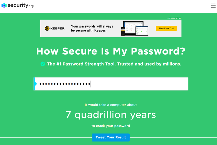 Tangkapan layar laman Security.org, yang menampilkan hasil pengecekan sebuah password yang tergolong kuat.