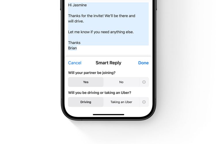 Ilustrasi fitur AI iOS 18, Smart Reply, yang dapat memberikan saran balasan pada pesan email.